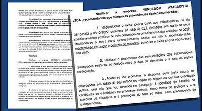 Ministério Público recomenda readmissão de trabalhadores demitidos por assédio eleitoral